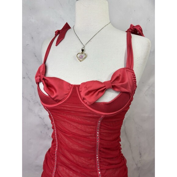 y2k Victoria Secret Lingerie Babydoll Dress Red Rhinestone Bling Bow Peek A Boo - Picture 12 of 16